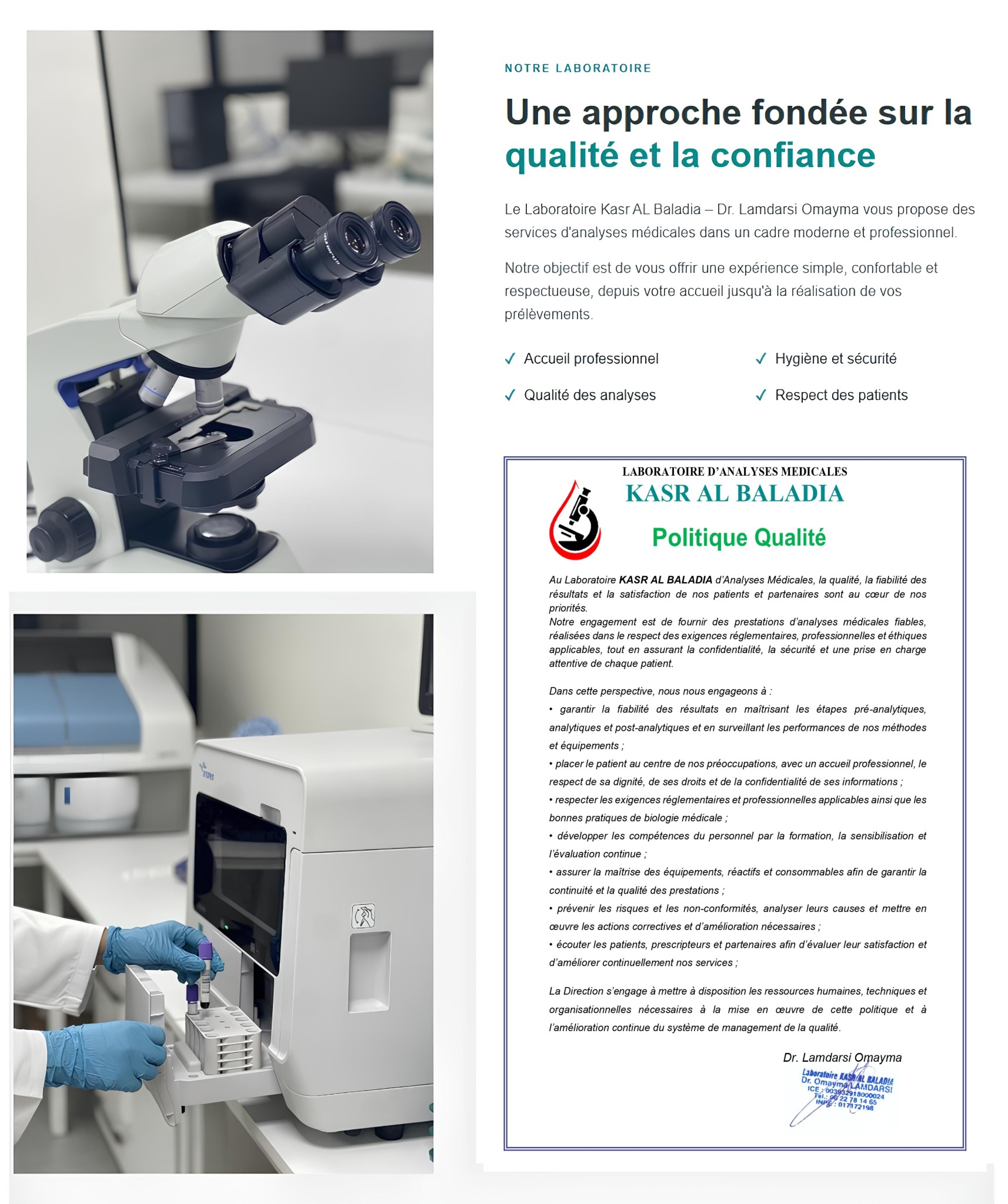 Présentation du Laboratoire Kasr Al Baladia : microscope et automate à gauche, notre approche qualité et notre politique qualité officielle à droite